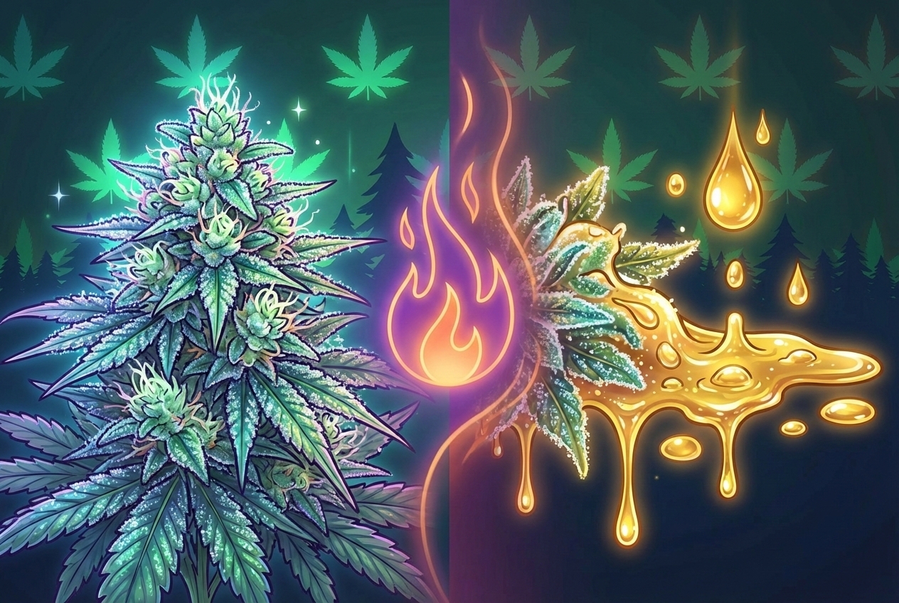A split composition showing a fresh, raw, bright green cannabis bud on one side, covered in crystalline frost, and on the other side, a stylized flame or heat wave transforming the crystals into golden, liquid droplets.